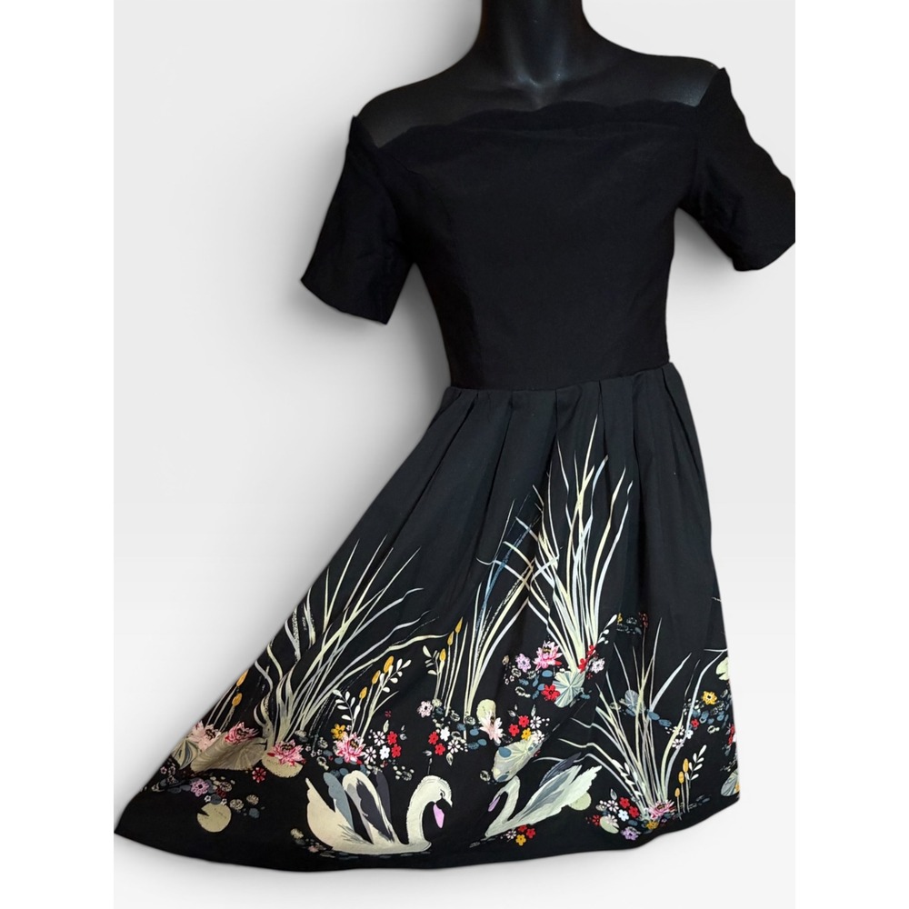 Belle Poque Black Swan Floral Print Off Shoulder Retro Swing Dress Womens M Hoco - Picture 2 of 15